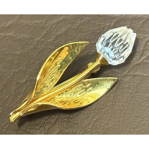 SWAROVSKI SIGNED SWAN VINTAGE CRYSTAL GOLD TONE PIN BROOCH TULIP FLOWER - Picture 3 of 7